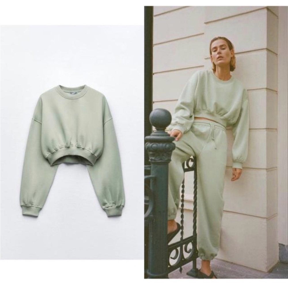 Zara Sage Green Cropped Sweatshirt and Joggers Set